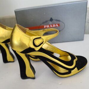 NEW PRADA black gold leather block heels